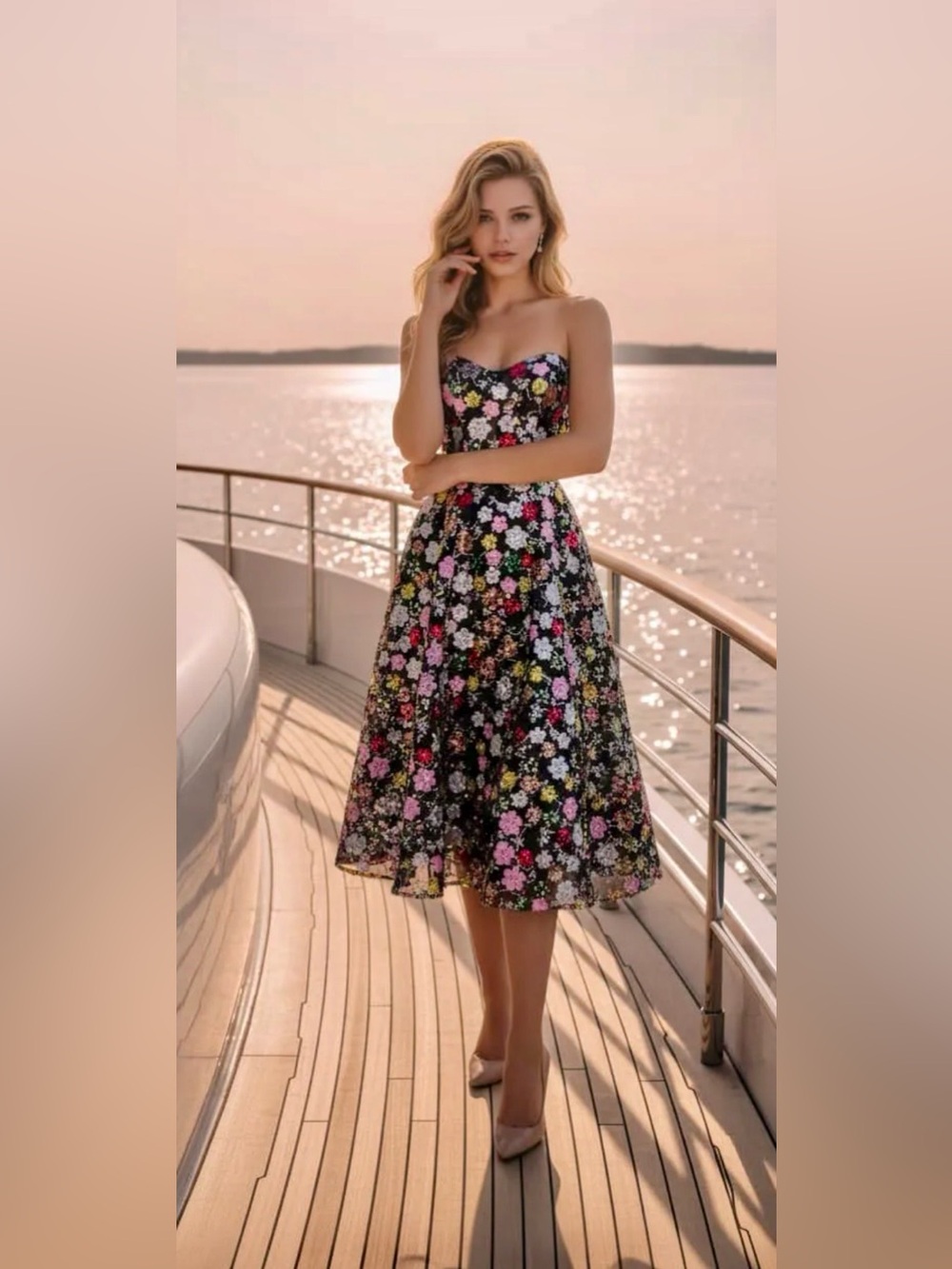 COUTURE LEE Strapless Garden In Bloom Floral Sequin Midi Black/Multi Sz 12 #3701